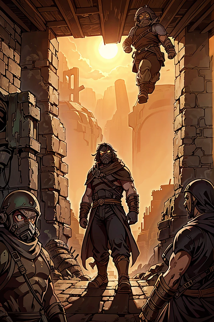 A dwarf runner in heavy desert attire, with a reinforced cloak and a complex breathing apparatus that filters the dusty air. The dwarf surveys a barren, post-apocalyptic landscape from a shattered city wall, where the remains of ancient machinery and fallen towers lie in twisted heaps, slowly being reclaimed by the desert. The sun hangs low, casting long shadows over the desolate ruins.