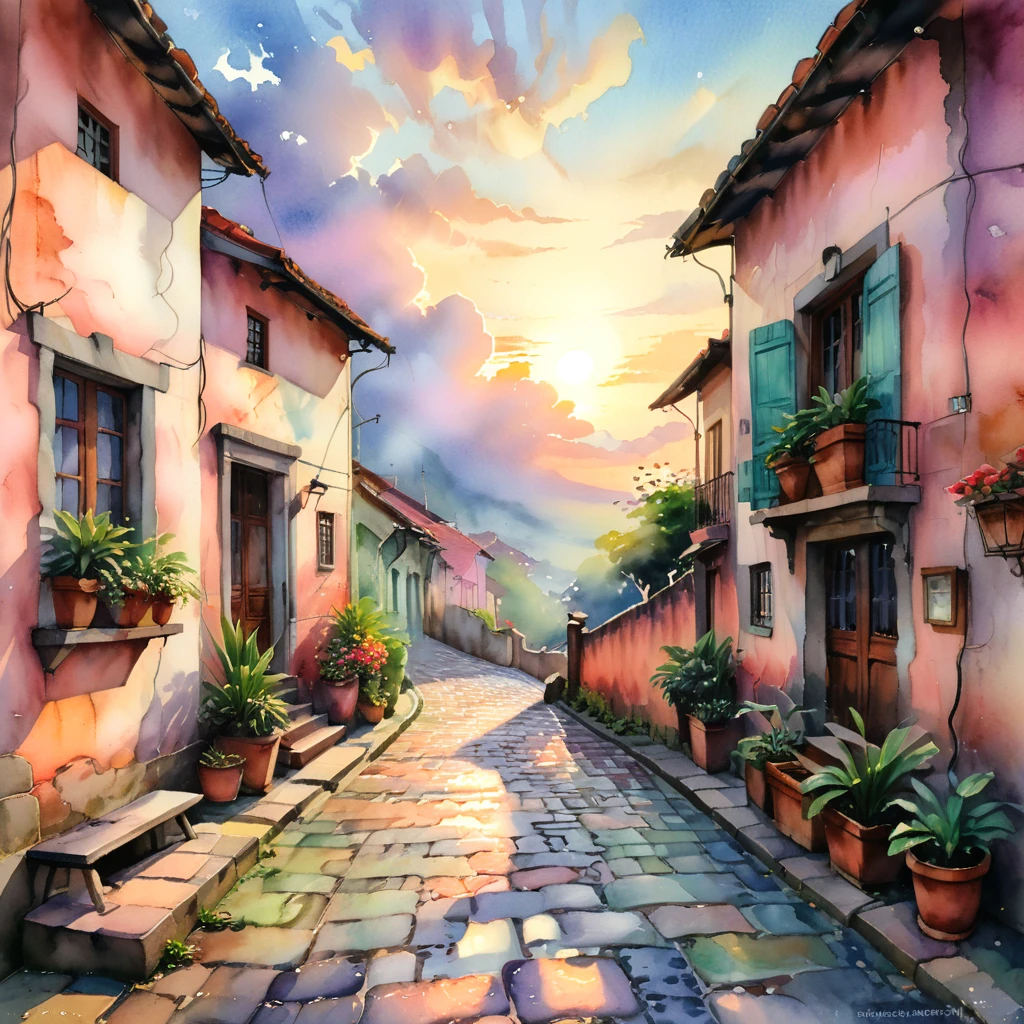 In a watercolor landscape filled with ennui, the afternoon sun casts a soft glow, signaling the approach of sunset. The scene is awash with soft colors, reflecting an absent-minded warmth. In South America, a residential street comes alive with color: cobblestones, an old house, and plants in pastel tones evoke a romantic tranquility. A sense of nostalgia permeates as sunlight and shadows dance over roof tiles, a wooden door, and an iron balcony. Faint light and soft clouds contribute to the calm, while the elegant sky of 夕sunsetの空 gently permeates the scene.
