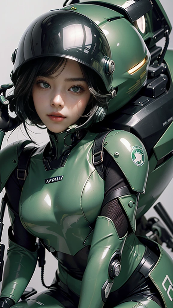 Highest image quality, outstanding details, ultra-high resolution, (realism: 1.4), the best illustration, favor details, highly condensed 1girl, with a delicate and beautiful face, dressed in a black and green mecha, wearing a mecha helmet, holding a directional controller, riding on a motorcycle, the background is a high-tech lighting scene of the future city.