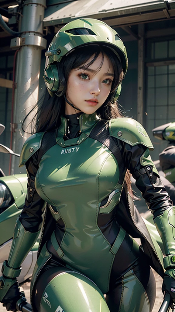 Highest image quality, outstanding details, ultra-high resolution, (realism: 1.4), the best illustration, favor details, highly condensed 1girl, with a delicate and beautiful face, dressed in a black and green mecha, wearing a mecha helmet, holding a directional controller, riding on a motorcycle, the background is a high-tech lighting scene of the future city.