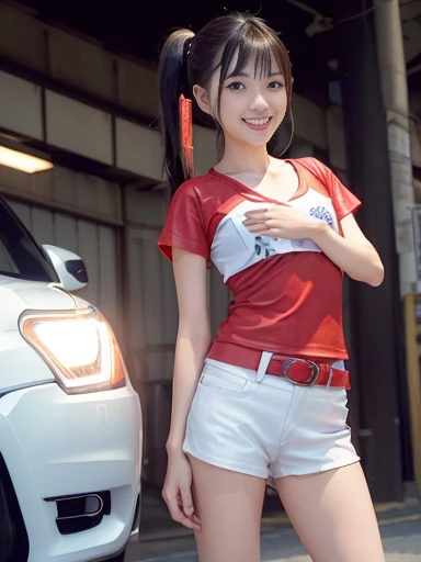 Japanese female, (underweight), (flat chest best quality:1.5), (cheerful grin:1.5),
city, car, standing, (legs spread), (arms crossed), ponytail, (white t-shirt), (red leather riders), (white shorts), Japanese, (at midnight:1.2), (cyberpunk), (steampunk), full body shot, from below, shining lights