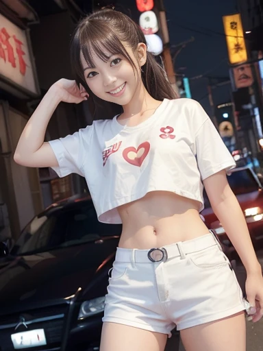 Japanese female, (underweight), (flat chest best quality:1.5), (cheerful grin:1.5),
city, car, standing, (legs spread), (arms crossed), ponytail, (white t-shirt), (red leather riders), (white shorts), Japanese, (at midnight:1.2), (cyberpunk), (steampunk), full body shot, from below, shining lights