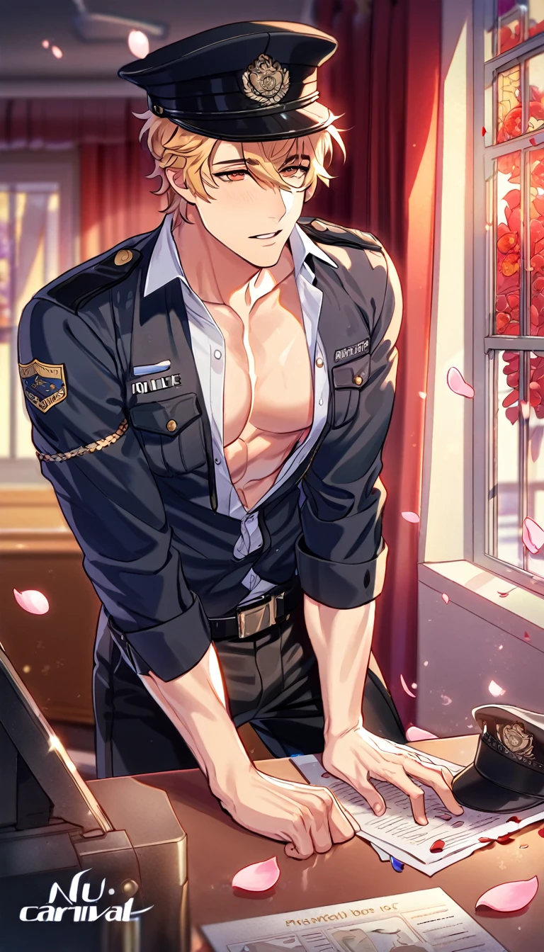 absurdres, highres, ultra detailed, HDR, master piece, best quality, Quincy, blonde hair, expressive amber eyes, Nu Carnival, solo, sexy man, handsome, horny, lewd, black police officer clothes, unbuttoned shirt, black hat, fantasy, police station, window, petals, flowers, room, red curtains