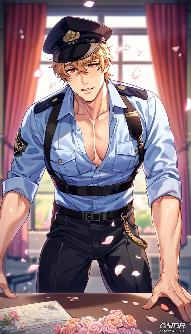 absurdres, highres, ultra detailed, HDR, master piece, best quality, Quincy, blonde hair, expressive amber eyes, Nu Carnival, solo, sexy man, handsome, horny, lewd, black police officer clothes, unbuttoned shirt, black hat, fantasy, police station, window, petals, flowers, room, red curtains