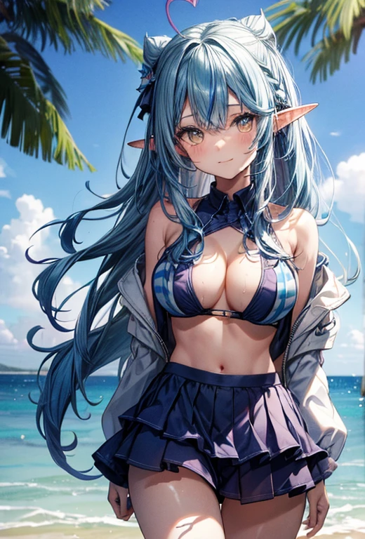Highest quality、Highest quality、masterpiece、(8K),beauty(Age 25)、(Mature Appearance)、Light blue long hair(Braiding of the sides)、blue eyes、((Naked))、(Elf)、Big cleavage、((Big Breasts))、smile、blue necklace、Blue Earrings、background(Beach)、Please open your mouth wide、bracelet、Dynamic pose、Blue choker