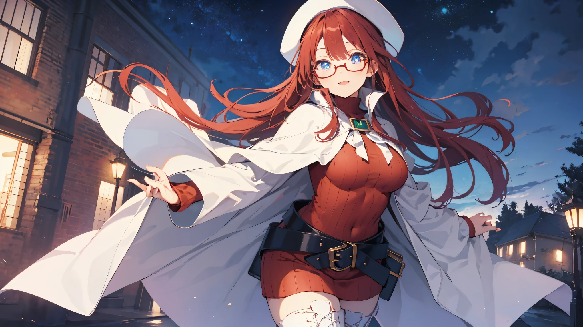 summonnightaty, aty, (young:1.3),long hair, blue eyes, red hair, big_tits, hat, glasses,
BREAK long hair, thighhighs, hat, dress, naked_legs, glasses, belt, cape, sweater, zettai ryouiki, beret, thigh boots, white footwear, ribbed sweater, loose belt,solo,
BREAK outdoors, fantasy,
,Highquality_hads,perfect_fingers,
BREAK (masterpiece:1.2), best quality, high resolution, unity 8k wallpaper, (illustration:0.8), (beautiful detailed eyes:1.6), extremely detailed face, perfect lighting, extremely detailed CG, (perfect hands, perfect anatomy),covered_nipples,covered_navel ,half_eyes,long_sword,sleepy_eyes,red_sweater,apart_knees,magical_effect,spread_legs, have_a_book,teacher,rise_knee,Smile,rise_hand,look_down_viewer,spread_arms,,looking_into,plump,open_mouth, dynamic_posing,solo,in_Emodern_town_landscape,night_sky,solo