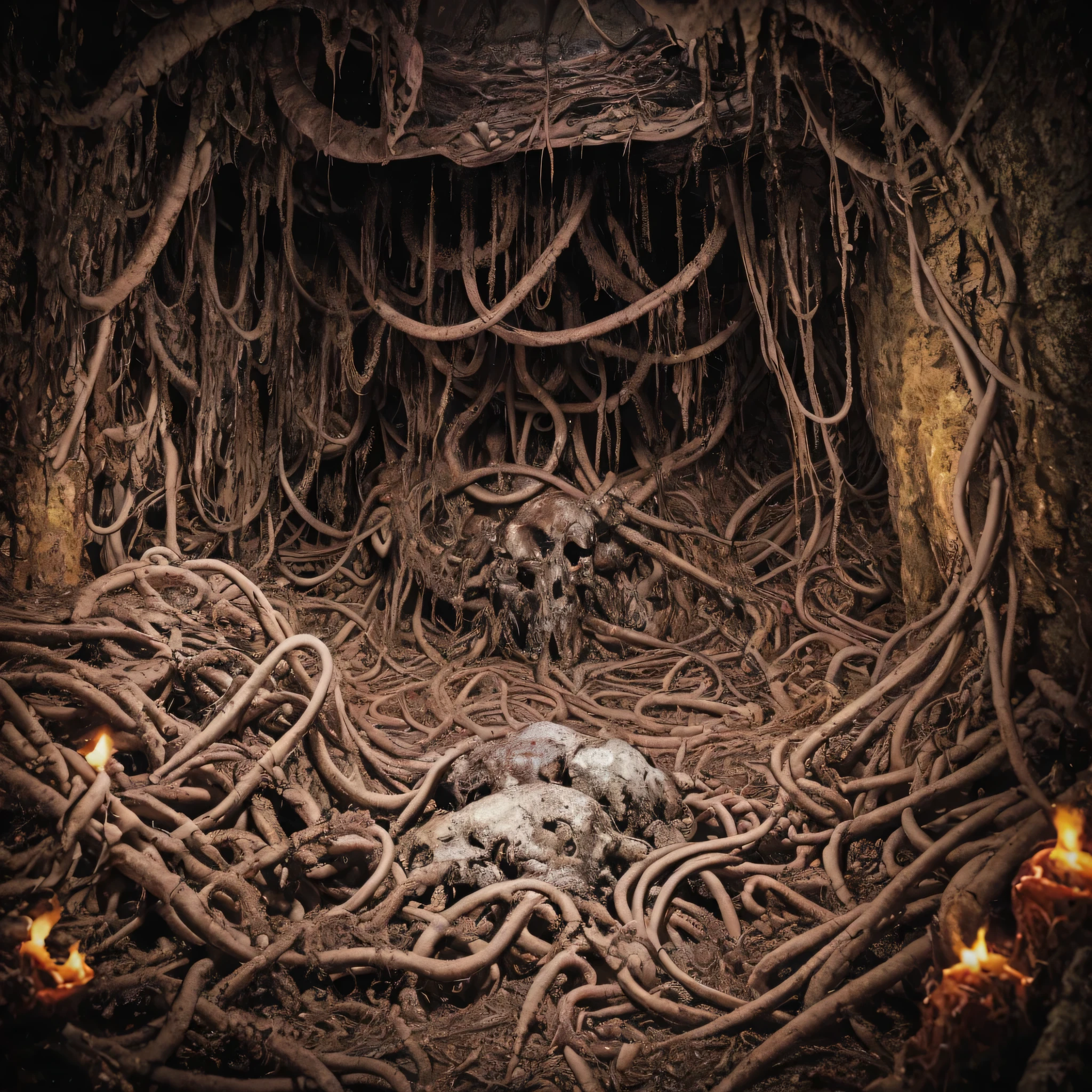 a picture of a demonic creature surrounded by tentacles in a cave, fall of humanity, death metal album cover, album artwork, subjugation of humans, end of humanity, death incarnate, rotting flesh, sickened flesh decay, partially human, elimination of humanity, album art, metal album cover art, insaneley detailed, paths