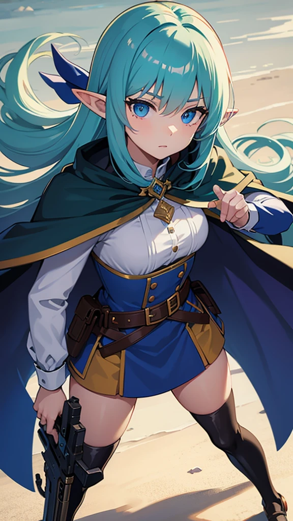 (elf girl long hair:1.2), (solo:1.2), (pixiv masterpiece:1.2), (hooded:1.2), (large breasts:1.2), (white background:1.1), (hands down:1.3), (multiple belts:1.0), (book strapped to belt:1.2), (cleavage)