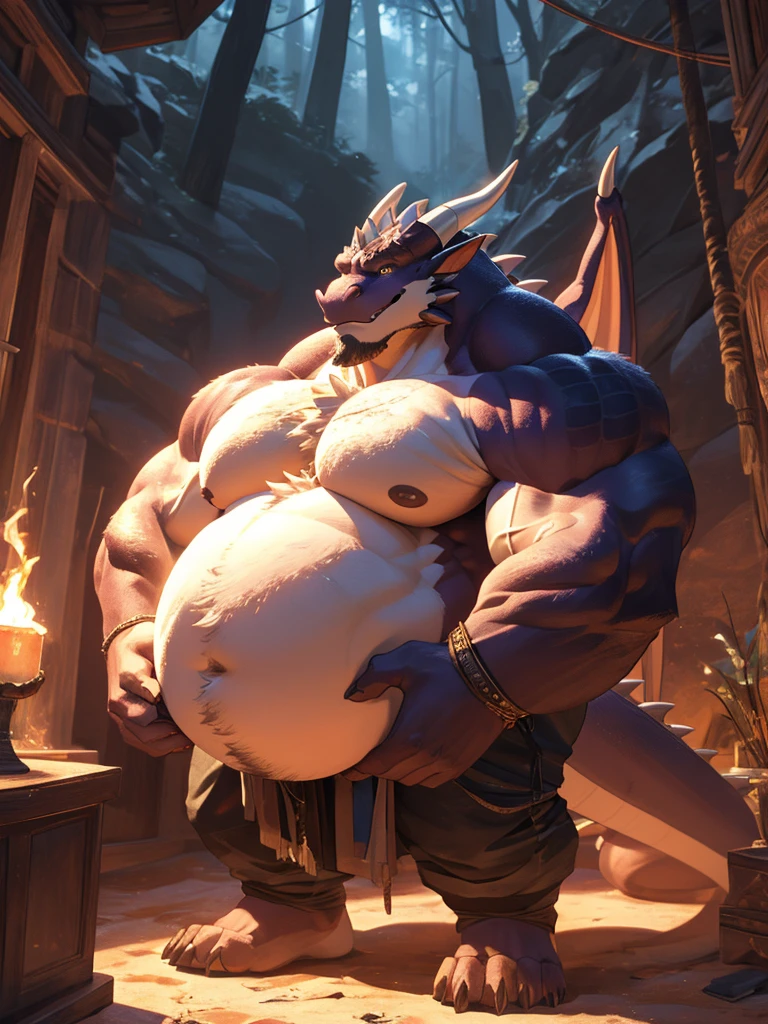 1boy, 1man, solo, (furry dragon), (topless), well-muscled old man, bearded, magic forest. ((chubby, fat belly, huge belly, massive belly, extremely huge muscular, massive muscular, extremely muscle size, super thick arms, huge pec, hyper pec, bigger chest, extremely wide pectoral , huge arms)), wide smiling. Add textures and details to make the image more realistic, such as the appearance of the. Make sure the resulting image is high resolution, 8K quality