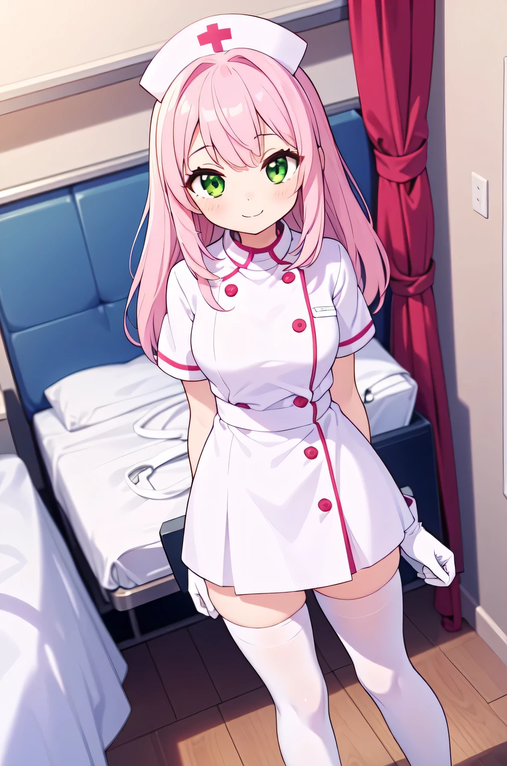 1girl, solo, nurse, white nurse cap, white nurse uniform, ((white legwear, zettai ryouiki)), white gloves, pink hair, green eyes, drooping eyes, smile, standing, ((hospital room)), sharp outline, short sleeves, best quality, masterpiece