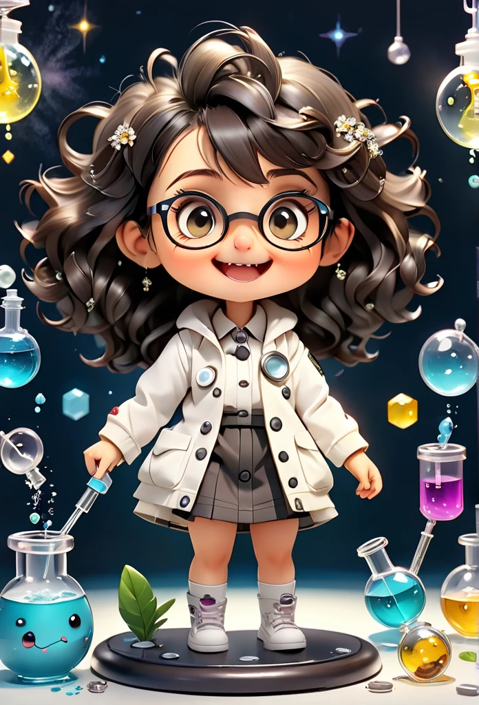 (((Chibi Baby UHD)))Chemistry permaneça com suas carateristícas originais (seus olhos sao cor de mel ) (chibi nao usa brincos)MASCOT and , atoms, Molecules ,Has black hair , Blind box style and model with popular market style, The sunlight shines, , hyper qualit, sharp features, Ultra HD and 8K resolution,Cool Hand Drawn Illustration，fly away (Inside out disgusting), Create a series of best quality cute chibi dolls,ultra details,realisitic,Science Laboratory,Chemical experiment,ultra HD, chemical equipment,scientists working,cups,UHD Bunsen Burner ,Microscope,laboratory glassware,measuring cylinders,labcoats,Round nerd glasses ,science books,Periodic table,scientific research,discoveries,new inventions,innovation,aprendizagem,education,Scientific culture wears coat with details of buttons and brooches , her coat is charming and cute with ultra chemical details ,Curiosidade,Technological advancements,swirly vibrant colors,soft lighting,modern laboratory,nerdy atmosphere,laboratory instruments,hypothesis testing,Scientific method,symbolic representation,Critical thinking,experiments ,precision,precision,Intricate details,impressive scientific setup,natural elements,exploration of the mysteries of science,unlocking the secrets of nature. Baby chibi is happy and excited, remember to use chemical laboratory glassware, The chalkboard behind the cute chibi baby is written the structure of caffeine in white chalk 18K UHDBlack hair, very long hair, American propaganda poster, shine light, 3D rendering, Riso, 