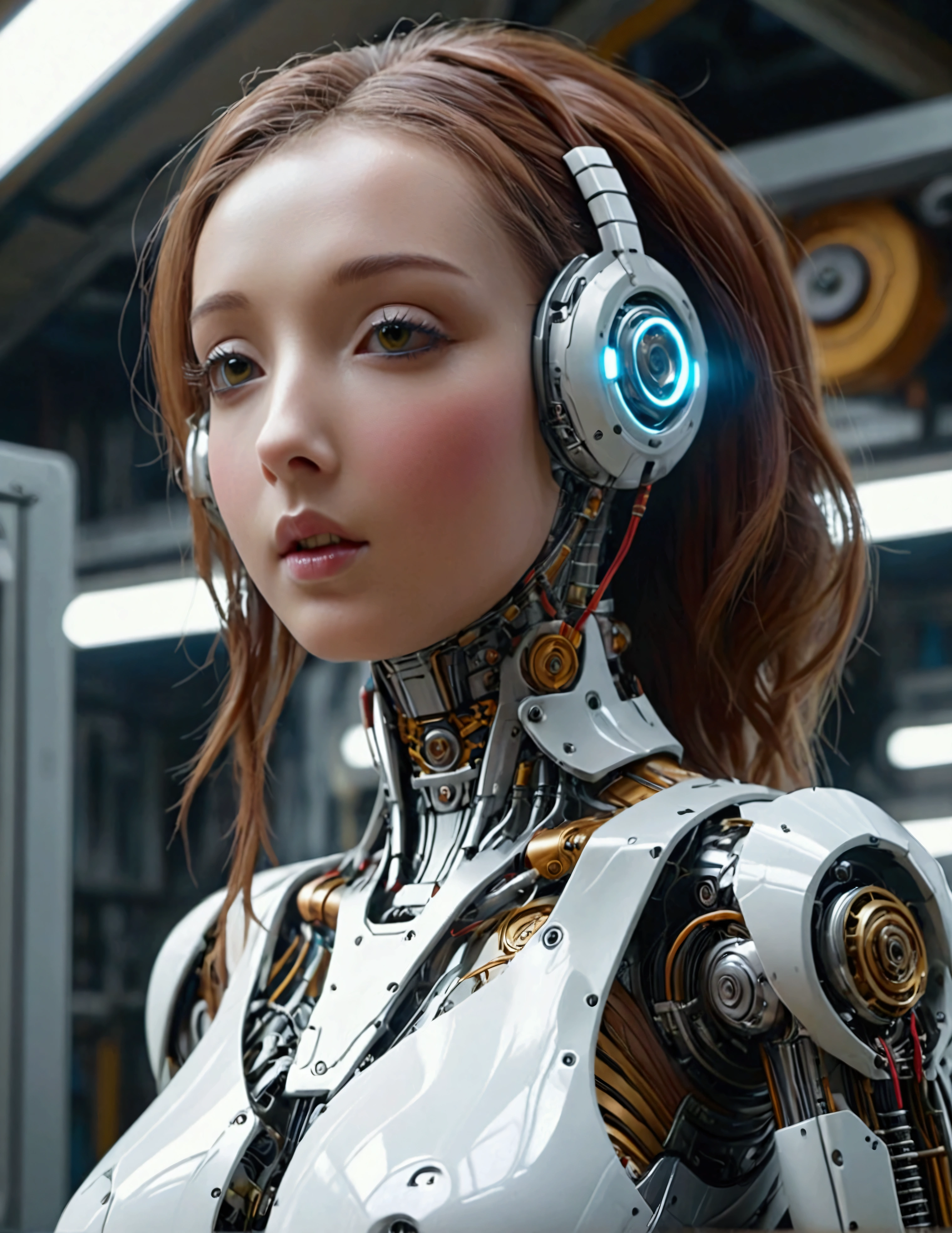 a lovely female robot, obviously mechanical, lifelike face, few open maintenance panels, standing in a machine shop on a space ship, highly detailed, intricate mechanical details, cinematic lighting, vibrant colors, futuristic, 4k, photorealistic, masterpiece, hyper detailed, exquisite craftsmanship, seamless integration of organic and inorganic elements, dynamic pose, emotive expression, cinematic atmosphere, stunning realism, mesmerizing mechanical elegance, expertly rendered