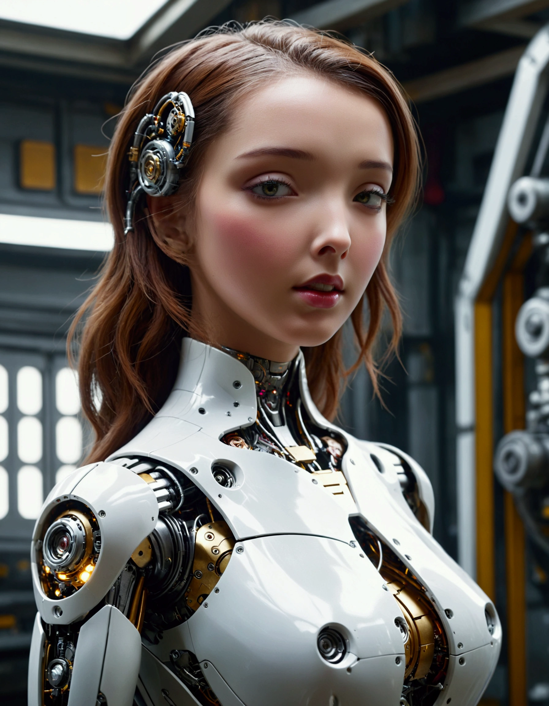 a lovely female robot, obviously mechanical, lifelike face, few open maintenance panels, standing in a machine shop on a space ship, highly detailed, intricate mechanical details, cinematic lighting, vibrant colors, futuristic, 4k, photorealistic, masterpiece, hyper detailed, exquisite craftsmanship, seamless integration of organic and inorganic elements, dynamic pose, emotive expression, cinematic atmosphere, stunning realism, mesmerizing mechanical elegance, expertly rendered