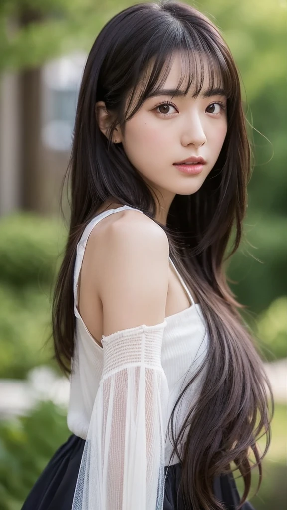 Generate a portrait of a young woman with straight, shoulder-length black hair and straight bangs. She has a fair complexion and a gentle, calm expression. The woman is wearing a light-colored, high-necked top. The background should feature an outdoor setting with soft focus, ensuring the main attention remains on her serene and elegant appearanc,Highest quality, Anatomically correct, Very detailed,