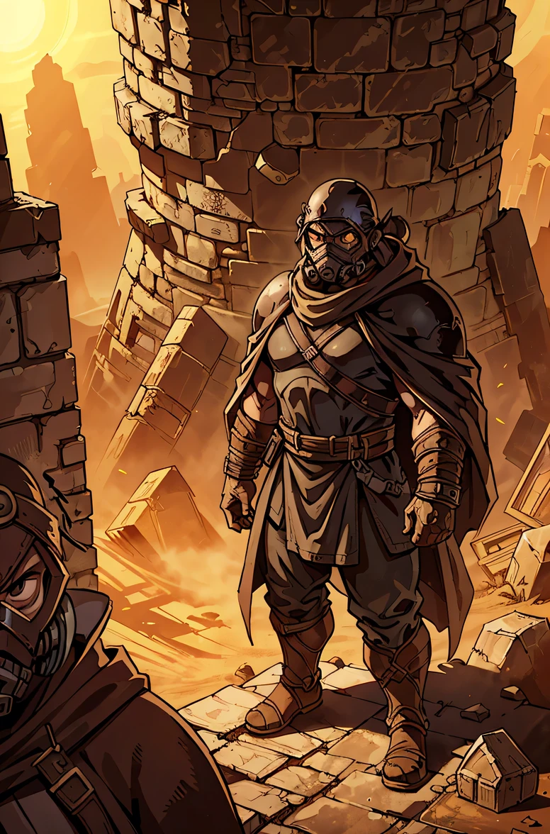 A dwarf runner in heavy desert attire, with a reinforced cloak and a complex breathing apparatus that filters the dusty air. The dwarf surveys a barren, post-apocalyptic landscape from a shattered city wall, where the remains of ancient machinery and fallen towers lie in twisted heaps, slowly being reclaimed by the desert. The sun hangs low, casting long shadows over the desolate ruins.