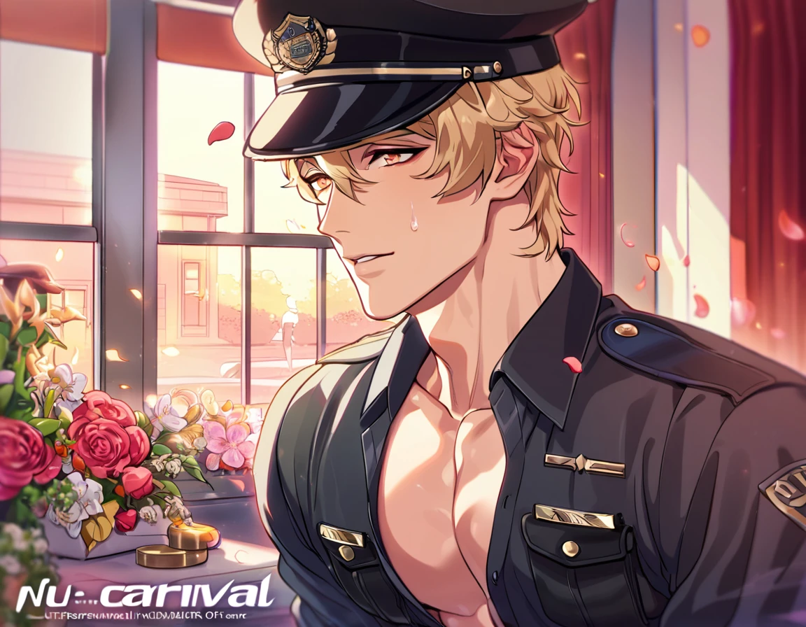 absurdres, highres, ultra detailed, HDR, master piece, best quality, Quincy, blonde hair, expressive amber eyes, Nu Carnival, solo, sexy man, handsome, horny, lewd, black police officer clothes, unbuttoned shirt, black hat, fantasy, police station, window, petals, flowers, room, red curtains