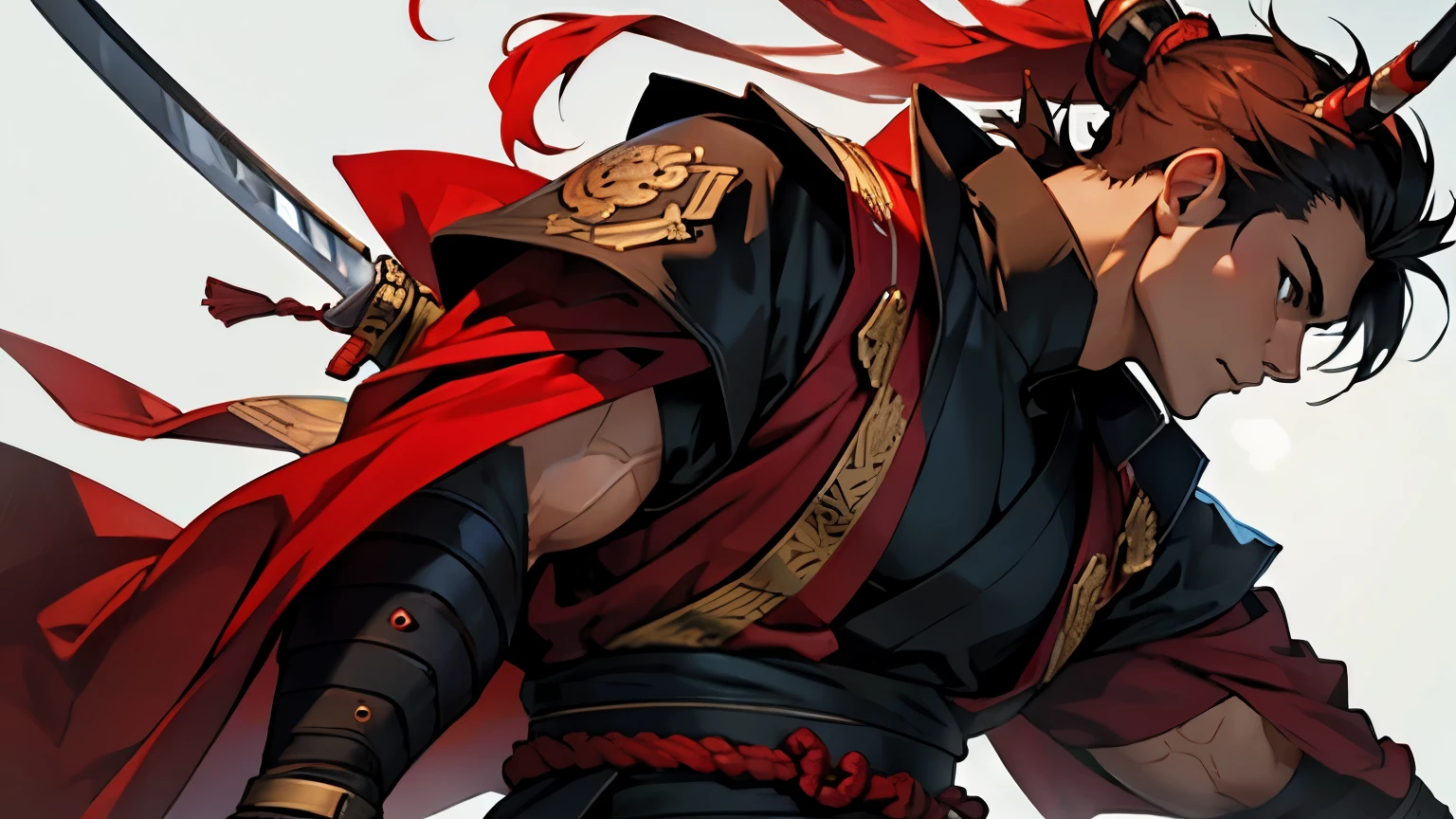 Ecchi samurai, muscles, red sword, horny