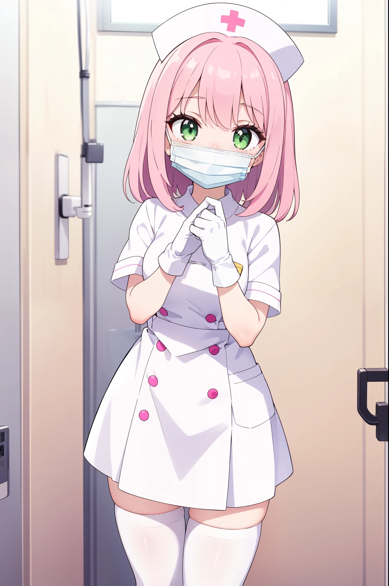 1girl, solo, nurse, white nurse cap, white nurse uniform, ((white legwear, zettai ryouiki)), white gloves, pink hair, green eyes, drooping eyes, ((white surgical mask, covered nose)), standing, ((hospital room)), sharp outline, short sleeves, best quality, masterpiece