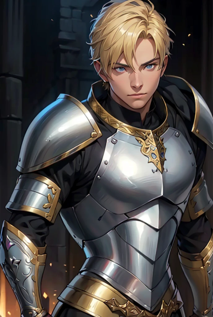 a close up of a person in a suit of armor with a sword, male paladin, a human male paladin, inspired by Li Chevalier, knight portrait, portrait of female paladin, portrait of the magical blond prince, Cute androgynous prince, arsen lupine as paladin, handsome guy in demon slayer art, highly detailed exquisite fanart