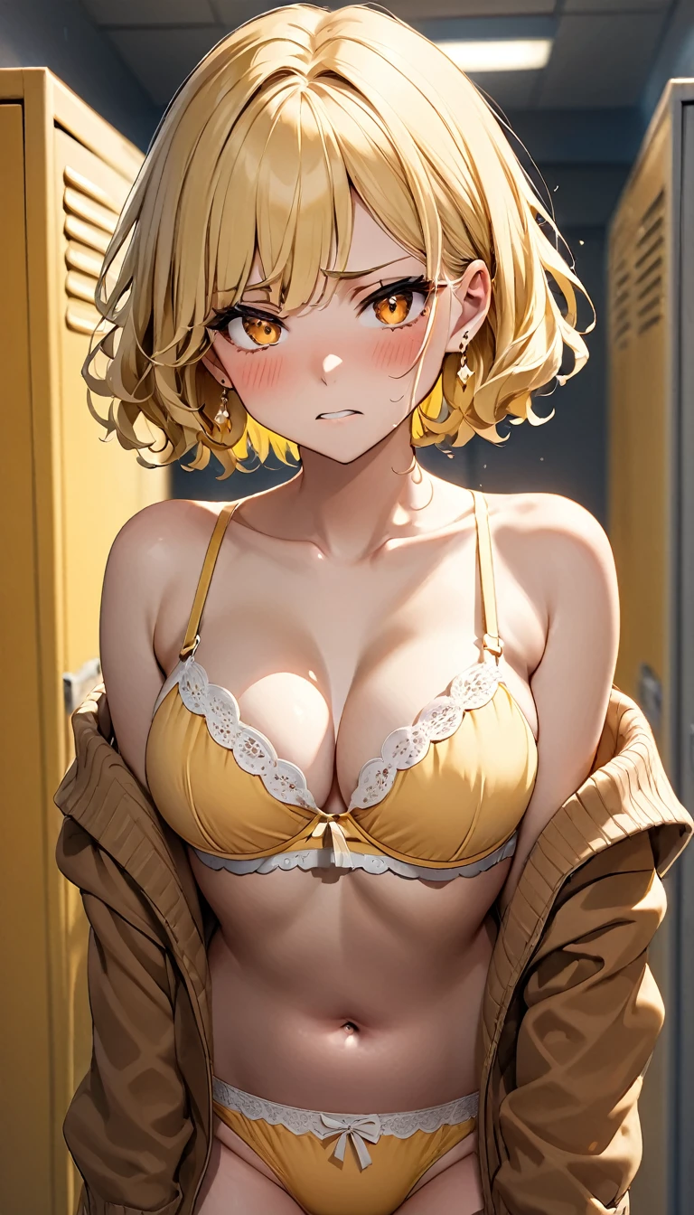 (8k、Best image quality、Highest quality、masterpiece)、One Girl、Blonde、short hair、Wavy Hair、Orange eyes、Earrings、blush、Get angry、Moderate bust、((Yellow plaid bra))、((Yellow adult panties))、throw、Cowboy Shot、Locker Room Background