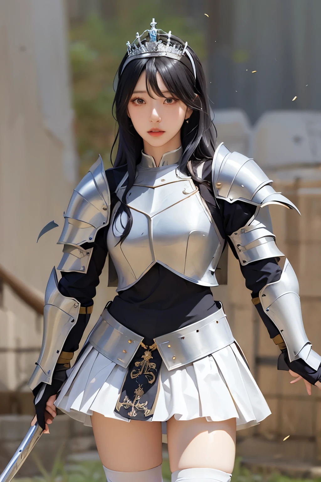 Realistic, masterpiece, highest quality, Highest Resolution, (1girl:1.3), (Japanese face:1.3), 20-year-old, A brave expression before a fight, Slightly to the side, Definitely watching the audience, Beautiful fine details, Iris, (hidden creased eyelids:1.2), Thin eyebrows, Eyelash extensions, Natural Makeup, Wavy mid-length hair, Silver Hair, Detailed face, Silver Western Armor, Magic Swordsman,  Photographed from the thigh up