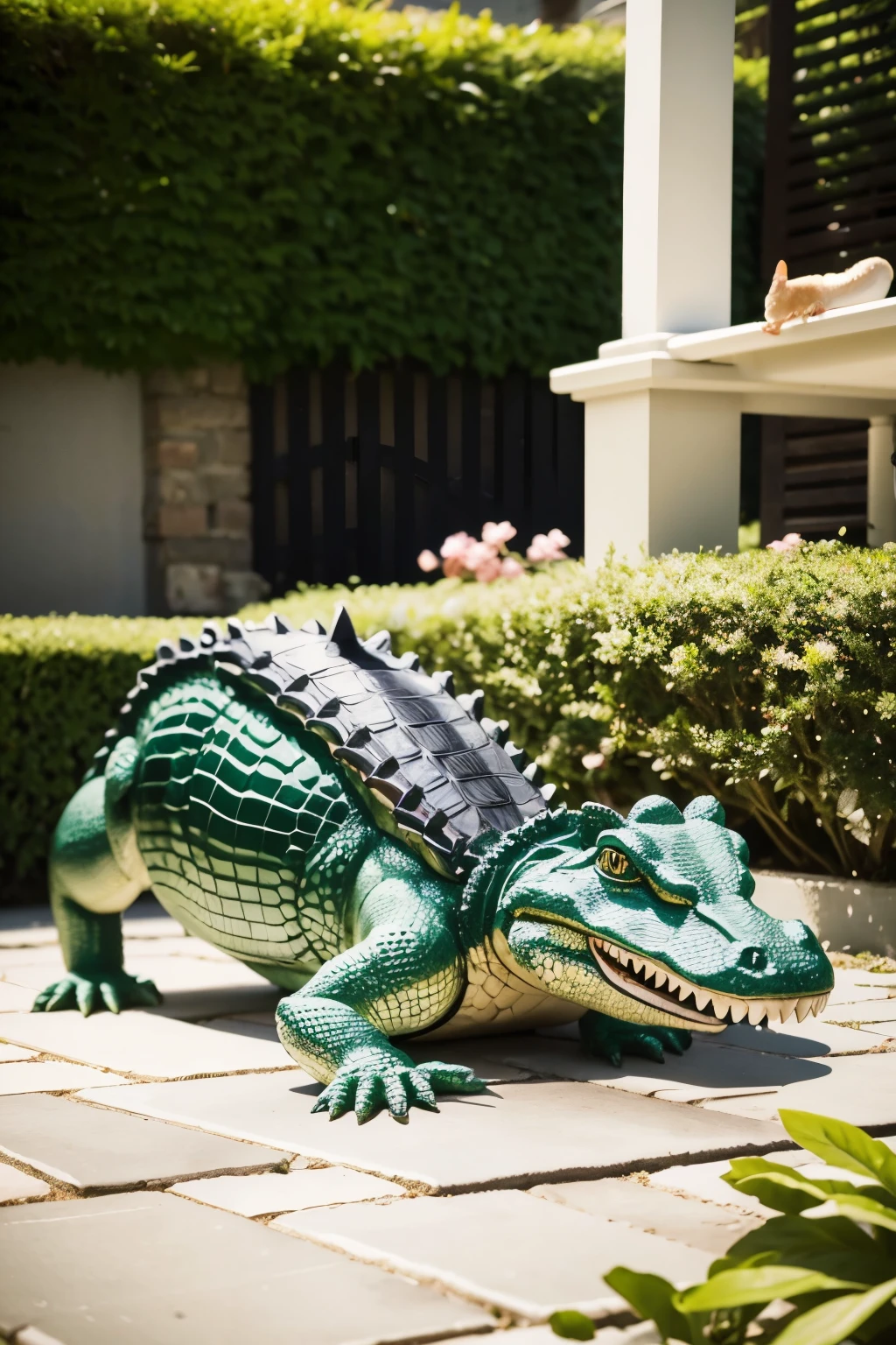 create an alligator playing with a cat in the garden

