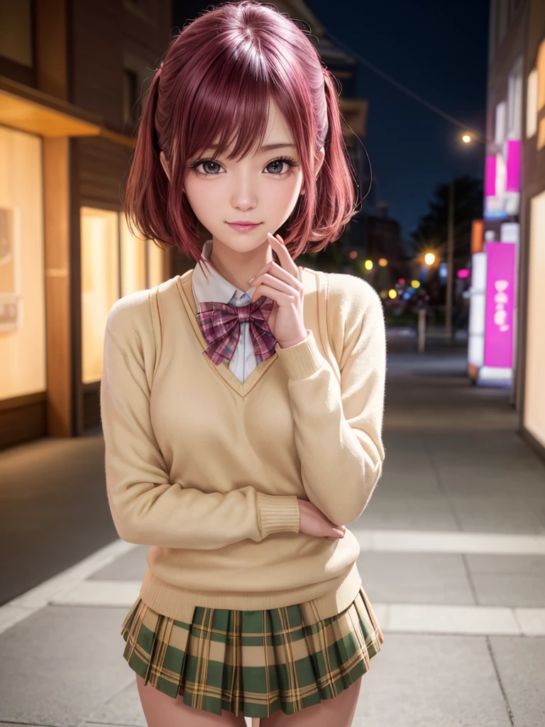 ph momo, momohd, phmomo, solo, 1girl,  pink hair, purple eyes, short hair, hair flower, sweater vest, ,(yellow sweater:1.2), big eyes, plaid skirt, black thighhighs, (masterpiece:1.6, best quality),  (finely detailed beautiful eyes: 1.2), ultra-detailed, illustration,beautiful detailed eyes, (yandere:1.4), (empty eyes),  backlighting, looking at viewer, blush, smile, (masterpiece, finely detailed beautiful eyes: 1.2), detailed eyes, hyper detailed,light smile, highly detailed, beautiful, small details, ultra detailed, best quality, intricate, hyperrealism, sharp, digital illustration, detailed, realism, intricate, 4k, 8k, trending on artstation, good anatomy, beautiful lighting, award-winning, photorealistic, realistic shadows, realistic lighting, beautiful lighting, raytracing, intricate details, moody, rule of thirds, masterpiece, (illustration:1.1), highres, (extremely detailed CG, unity, 8k wallpaper:1.1), beautiful face, highly detailed face, ultra realistic, masterpiece, bokeh, pink hair,extremely detailed, intricate, zoomout, colorful, vibrant colors, red nail polish, side view,standing,whole body,green skirt, plaid, plaid skirt, sainan high , , skirt, sweater vest,
