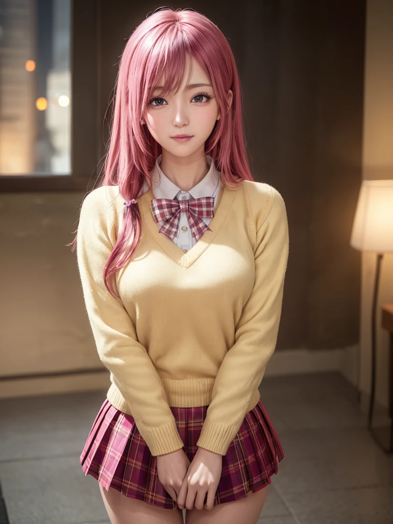 ph momo, momohd, phmomo, solo, 1girl,  pink hair, purple eyes, short hair, hair flower, sweater vest, ,(yellow sweater:1.2), big eyes, plaid skirt, black thighhighs, (masterpiece:1.6, best quality),  (finely detailed beautiful eyes: 1.2), ultra-detailed, illustration,beautiful detailed eyes, (yandere:1.4), (empty eyes),  backlighting, looking at viewer, blush, smile, (masterpiece, finely detailed beautiful eyes: 1.2), detailed eyes, hyper detailed,light smile, highly detailed, beautiful, small details, ultra detailed, best quality, intricate, hyperrealism, sharp, digital illustration, detailed, realism, intricate, 4k, 8k, trending on artstation, good anatomy, beautiful lighting, award-winning, photorealistic, realistic shadows, realistic lighting, beautiful lighting, raytracing, intricate details, moody, rule of thirds, masterpiece, (illustration:1.1), highres, (extremely detailed CG, unity, 8k wallpaper:1.1), beautiful face, highly detailed face, ultra realistic, masterpiece, bokeh, pink hair,extremely detailed, intricate, zoomout, colorful, vibrant colors, red nail polish, side view,standing,whole body,green skirt, plaid, plaid skirt, sainan high , , skirt, sweater vest,