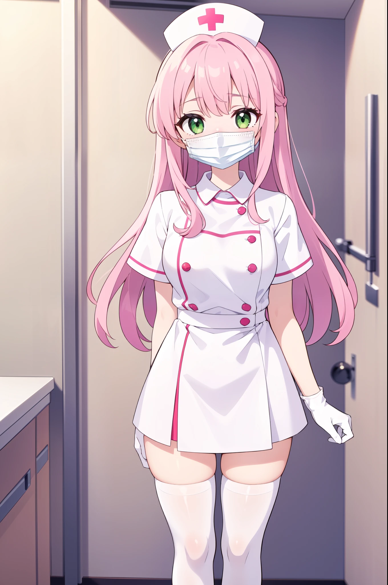 1girl, solo, nurse, white nurse cap, white nurse uniform, ((white legwear, zettai ryouiki)), white gloves, pink hair, green eyes, drooping eyes, ((white surgical mask, covered nose)), standing, ((hospital room)), sharp outline, short sleeves, best quality, masterpiece