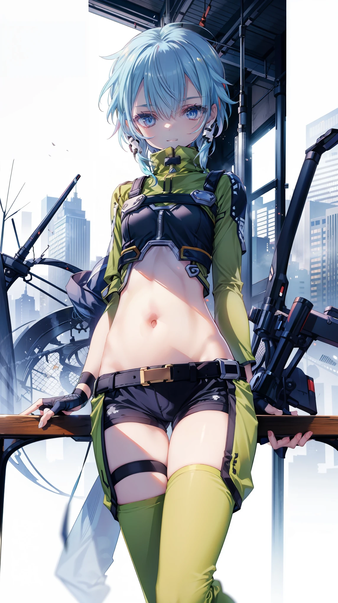 yuffiekisaragi, Yuffie Kisaragi,Haircuts, pixie cut,
壊す crop top, fingerless gloves, fishnet Thighhighs, fishnet, forehead protector, gloves, head band, belly button, short shorts, shorts, single sleeve, single thigh high, No sleeve, No sleeve turtleneck, Thighhighs, turtleneck,
bench、blue sky、smile, solo,rising_leg,solo