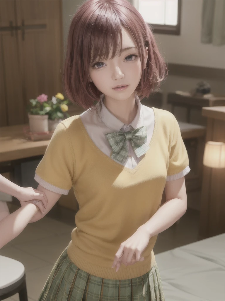 ph momo, momohd, phmomo, solo, 1girl,  pink hair, purple eyes, short hair, hair flower, sweater vest, ,(yellow sweater:1.2), big eyes, plaid skirt, black thighhighs, (masterpiece:1.6, best quality),  (finely detailed beautiful eyes: 1.2), ultra-detailed, illustration,beautiful detailed eyes, (yandere:1.4), (empty eyes),  backlighting, looking at viewer, blush, smile, (masterpiece, finely detailed beautiful eyes: 1.2), detailed eyes, hyper detailed,light smile, highly detailed, beautiful, small details, ultra detailed, best quality, intricate, hyperrealism, sharp, digital illustration, detailed, realism, intricate, 4k, 8k, trending on artstation, good anatomy, beautiful lighting, award-winning, photorealistic, realistic shadows, realistic lighting, beautiful lighting, raytracing, intricate details, moody, rule of thirds, masterpiece, (illustration:1.1), highres, (extremely detailed CG, unity, 8k wallpaper:1.1), beautiful face, highly detailed face, ultra realistic, masterpiece, bokeh, pink hair,extremely detailed, intricate, zoomout, colorful, vibrant colors, red nail polish, side view,standing,whole body,green skirt, plaid, plaid skirt, sainan high , , skirt, sweater vest,