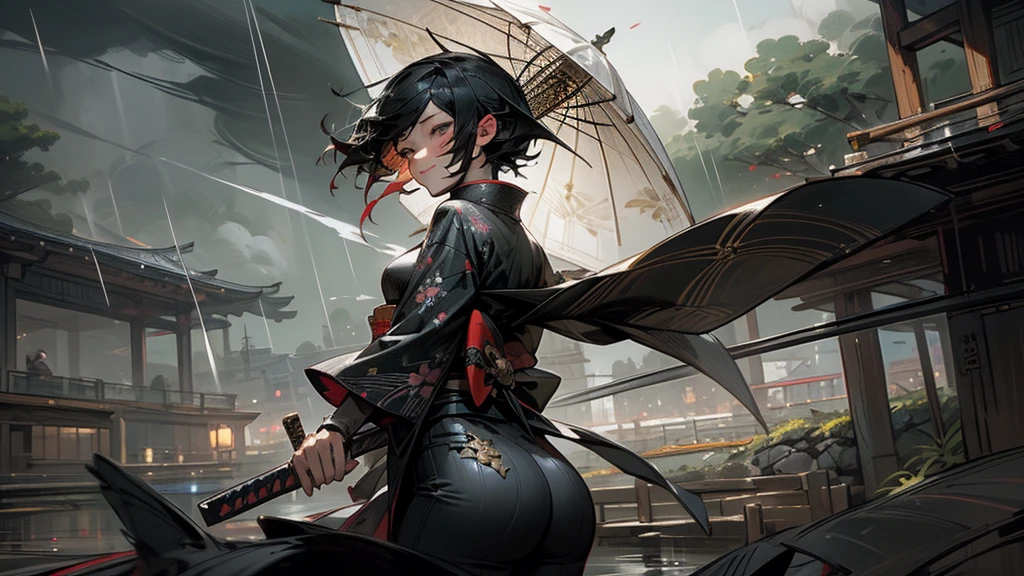 masterpiece,Highest quality,Ultra-fine illustrations,Very detailed,Beautiful background,Perfect Face,Perfect hands,Dynamic Angle,Ink painting style,ass pov,Dynamic Scene,kimono,knife,short hair,rain,battlefield,Beautiful background,Fearless Smile,Ii Slash