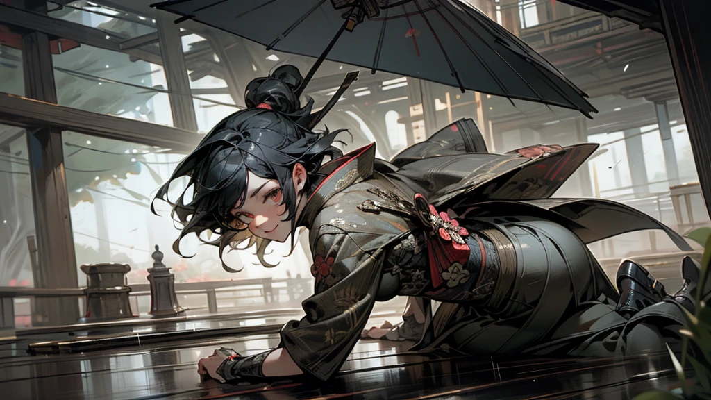 masterpiece,Highest quality,Ultra-fine illustrations,Very detailed,Beautiful background,Perfect Face,Perfect hands,Dynamic Angle,Ink painting style,ass pov,Dynamic Scene,kimono,knife,short hair,rain,battlefield,Beautiful background,Fearless Smile,Ii Slash


