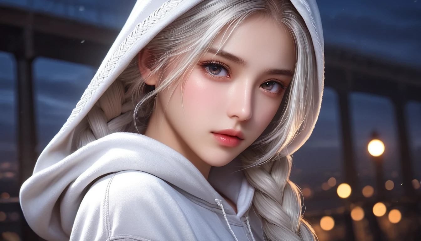 (8k, RAW photos, best quality, masterpiece: 1.4), (((Girl touching braids))，Ultra-high resolution, Extremely detailed, light, Upper body close-up, beautiful girl, black eyes, (delicate eyes, Eyes are bright:1.2), White long hair, Fair skin,dark, Gray hooded sweatshirt,(perfect anatomy:1.2), High-quality shadows, Natural Lighting, (White highlights:1.2), night, cloudy day, (bridge:1.2)