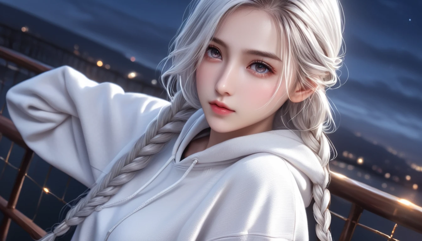 (8k, RAW photos, best quality, masterpiece: 1.4), (((Girl touching braids)),Ultra-high resolution, Extremely detailed, light, Upper body close-up, beautiful girl, black eyes, (delicate eyes, Eyes are bright:1.2), White long hair, Fair skin,dark, Gray hooded sweatshirt,(perfect anatomy:1.2), High-quality shadows, Natural Lighting, (White highlights:1.2), night, cloudy day, (bridge:1.2)