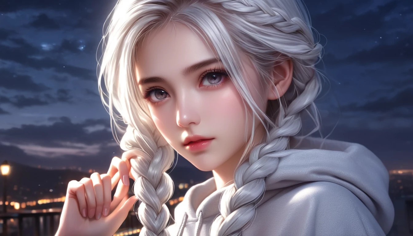 (8k, RAW photos, best quality, masterpiece: 1.4), (((Girl touching braids)),Ultra-high resolution, Extremely detailed, light, Upper body close-up, beautiful girl, black eyes, (delicate eyes, Eyes are bright:1.2), White long hair, Fair skin,dark, Gray hooded sweatshirt,(perfect anatomy:1.2), High-quality shadows, Natural Lighting, (White highlights:1.2), night, cloudy day, (bridge:1.2)