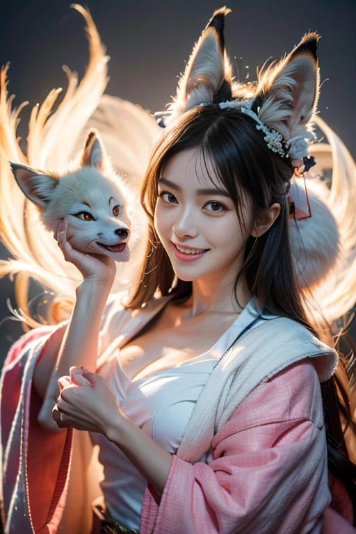 hyper HD, Anatomically correct, Super detail, Award-Awarded, Best quality, High details, retinas, Textured skin, Masterpiece, High quality,A sexy pose, A high resolution, ccurate, 8K,1girll,Solo, Happy smiling official art, Unity 8k wallpaper, Ultra detailed, Beautiful and aesthetic, Beautiful, Masterpiece, Best quality, Kitsune witch, kitsune mask, Pink and white haori jacket, Foxfire spell, The fox is familiar, Transformation,Depth of field