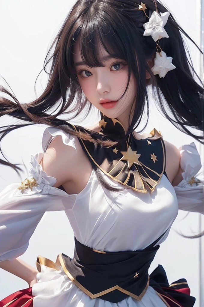 Cute girl with long hair and a white dress with a star on her shoulder