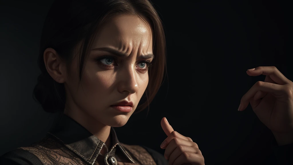 a woman with an angry and authoritative expression, a domineering gaze, giving the middle finger, 1girl, detailed facial features, expressive eyes, detailed lips, elegant collared dress, dramatic lighting, moody dark chiaroscuro color palette, cinematic composition, digital art, hyper realistic, 8k, photorealistic, highly detailed, masterpiece