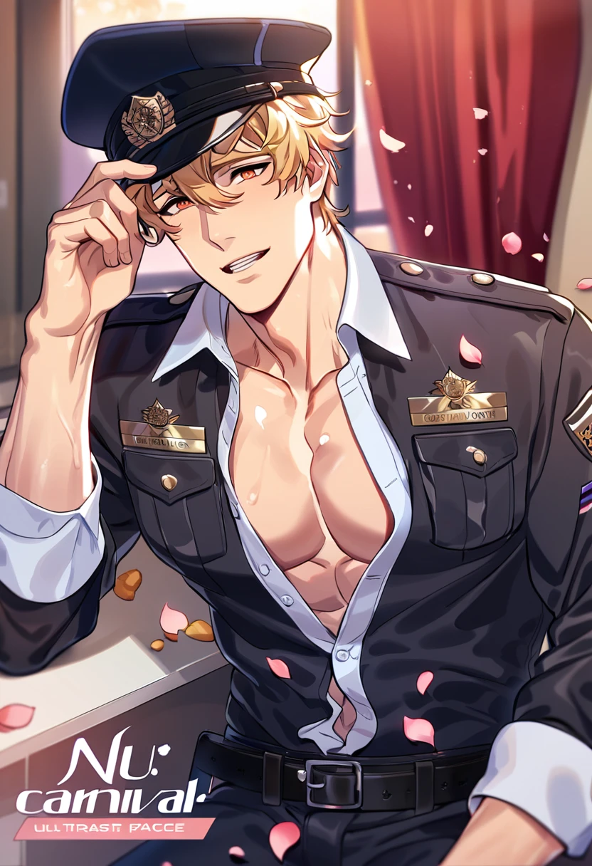 absurdres, highres, ultra detailed, HDR, master piece, best quality, Quincy, blonde hair, expressive amber eyes, Nu Carnival, solo, sexy man, handsome, horny, lewd, black police officer clothes, unbuttoned shirt, black hat, fantasy, police station, window, petals, flowers, room, red curtains