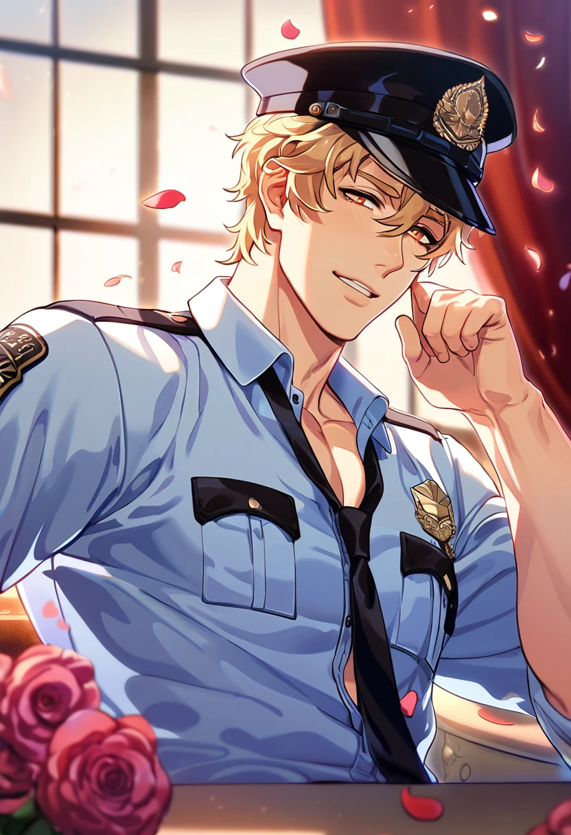 absurdres, highres, ultra detailed, HDR, master piece, best quality, Quincy, blonde hair, expressive amber eyes, Nu Carnival, solo, sexy man, handsome, horny, lewd, black police officer clothes, unbuttoned shirt, black hat, fantasy, police station, window, petals, flowers, room, red curtains