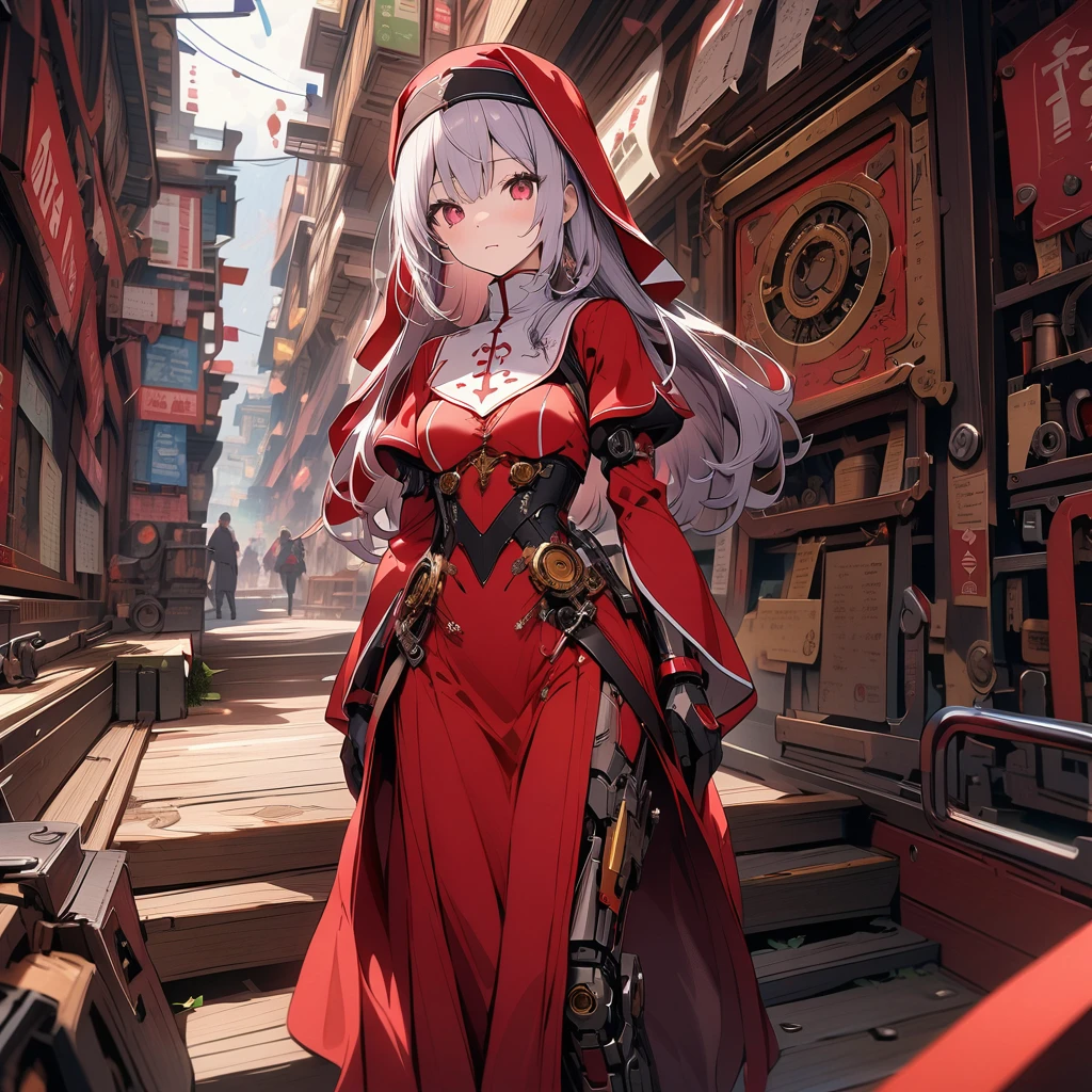 Red nun with a mechanical body, small place full of machines, detailed background, detailed writing, 4k, UHD, absurd, ultra quality, masterpiece,