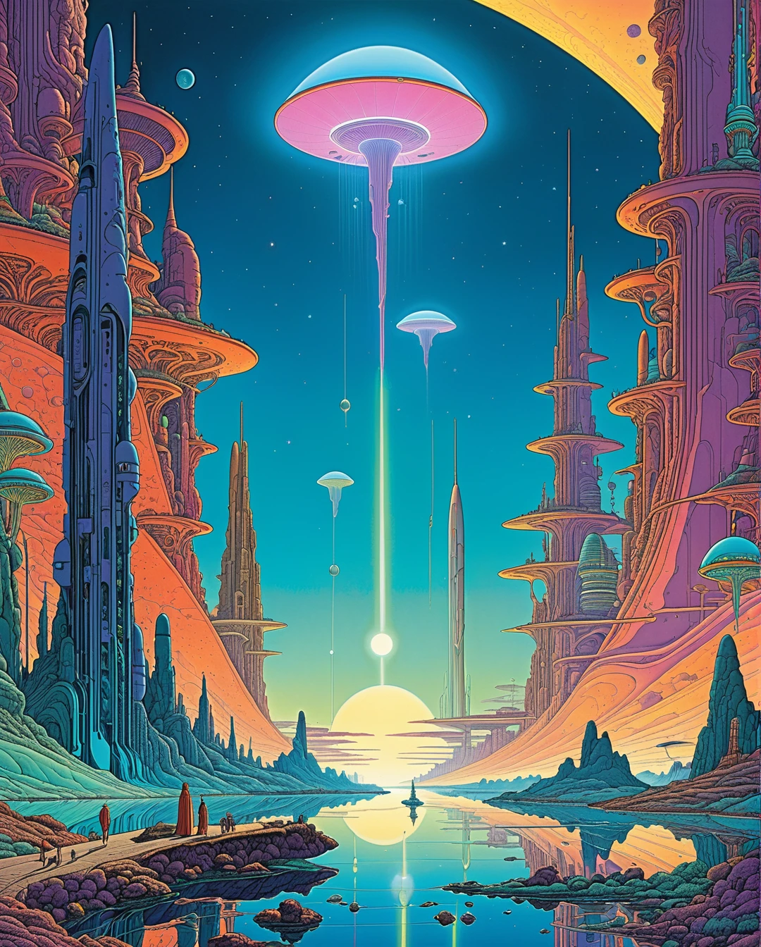 **Moebius (Jean Giraud) Style - An extraordinary landscape by Jean Giraud Moebius, ((masterpiece)), ((best quality)), (highest quality masterpiece), (masterpiece),
(masterpiece, best quality), in a futuristic style. An intricate scene depicting an alien cityscape, digital art, featuring neon colors, detailed alien architecture,
and an ethereal sky filled with floating islands. Sleek, modern, ultramodern, high-tech elements, bioluminescent flora. PsyAI, Psychedelic, Visionary art,
DMT, and LSD style by Moebius.**