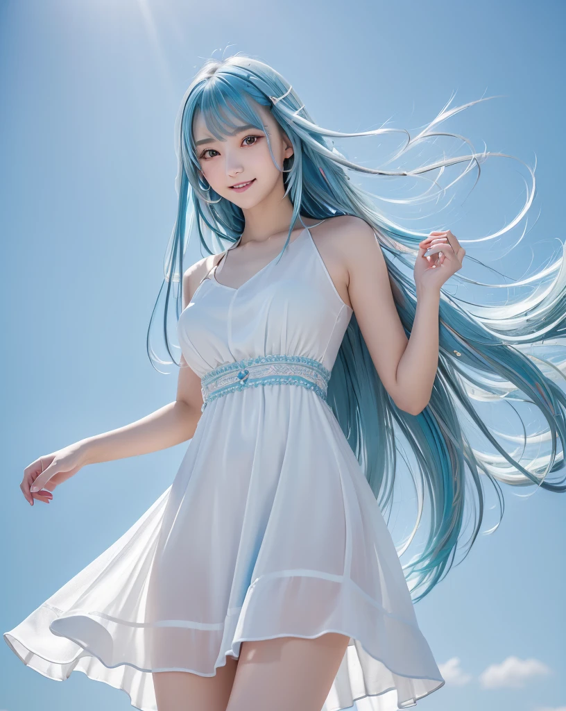 (Highest quality, 32K, High resolution, Masterpiece:1.5), marimo_jet, god々A photograph with brilliant dazzling and healing power., Evoking a sense of calm and elusive beauty, Expressing emotions, Have a rich imagination, Beautiful Japanese Girls, ((Low angle view:1.2)), An exceptionally beautiful face, Small Face Beauty, Perfect Human Anatomy, Magical big eyes, Motherhood and generosity, Deep Love, fleeting smile, ((Shiny light blue hair:1.3)), ((Beautiful long hair swaying in the wind)), Asymmetrical bangs, Hair between the eyes, Transparent, soft white skin, Sharp eyebrows, Thin lashes, Natural Makeup, Cheek highlighter, Pale pink detailed lips, (White dress:1.4), High resolutionの美しい太もも, Beautiful legs, ((Detailed blue sky background:1.3)), Professional photographer, Professional Lighting, Professional models, god秘的