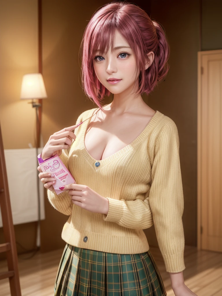ph momo, momohd, phmomo, solo, 1girl, pink hair, purple eyes, short hair, hair flower, sweater vest, ,(yellow sweater:1.2), big eyes, plaid skirt, black thighhighs, (masterpiece:1.6, best quality), (finely detailed beautiful eyes: 1.2), ultra-detailed, illustration,beautiful detailed eyes, (yandere:1.4), (empty eyes), backlighting, looking at viewer, blush, smile, (masterpiece, finely detailed beautiful eyes: 1.2), detailed eyes, hyper detailed,light smile, highly detailed, beautiful, small details, ultra detailed, best quality, intricate, hyperrealism, sharp, digital illustration, detailed, realism, intricate, 4k, 8k, trending on artstation, good anatomy, beautiful lighting, award-winning, photorealistic, realistic shadows, realistic lighting, beautiful lighting, raytracing, intricate details, moody, rule of thirds, masterpiece, (illustration:1.1), highres, (extremely detailed CG, unity, 8k wallpaper:1.1), beautiful face, highly detailed face, ultra realistic, masterpiece, bokeh, pink hair,extremely detailed, intricate, zoomout, colorful, vibrant colors, red nail polish, side view,standing,whole body,green skirt, plaid, plaid skirt, sainan high , , skirt, sweater vest,