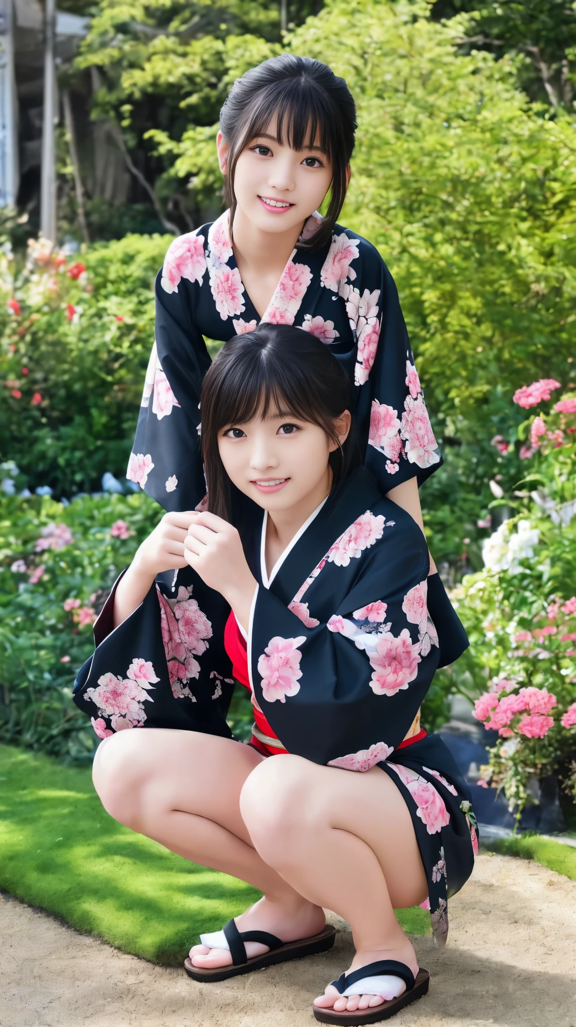最high quality、high quality、Best image quality、8k、最High resolution、High resolution、最high quality、masterpiece、RAW Photos、Full body photo、Detailed and realistic human body、Detailed and realistic skin、Realistic face in every detail、Detailed and realistic eyes、Detailed and realistic lips、Detailed and realistic teeth、Detailed and realistic ears、Detailed and realistic hair、Realistic reproduction of every detail、((Beautiful Hands(thumb１、reference４))、Realistic feet down to the last detail、((Beautiful Japanese Girl))、((Junior.Idol))、((Elementary school girl))、((Cute Japanese 12 year old girl))、((Young Face))、、((Black Hair))、((Random Hairstyles))、((immature body shape))、((Flat Chest))、((Small breasts))、((Glossy skin all over、Fair skin))、Soft natural light、Mini Kimono、Mini Ninja Costume、Japanese made sandals、Japanese tradition、Japanese garden、((Colorful floral pattern(Sexy Kimono))、((Squatting in the garden(Poses to make your thighs look beautiful))