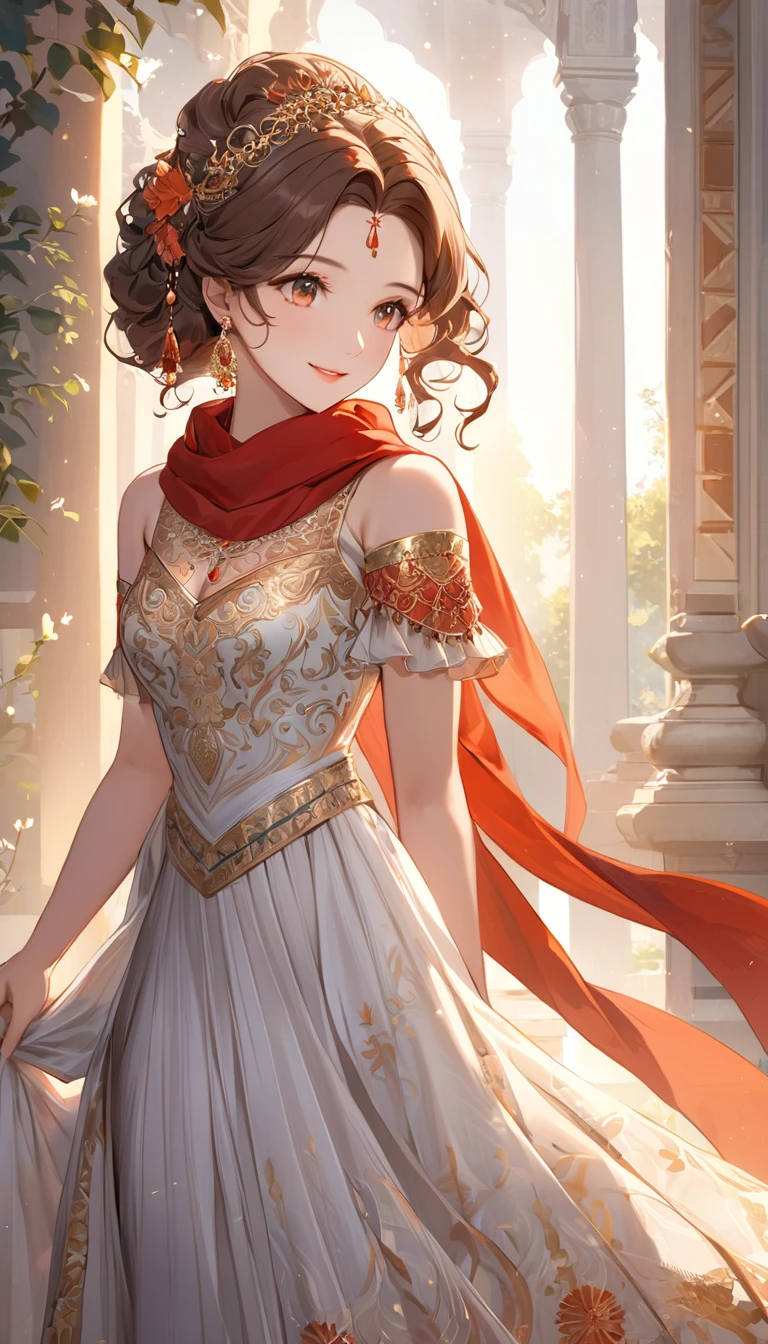 Highest quality，masterpiece，one，16 years old，Long flaxen hair，Jewelry，Hair is slightly curly，Brown curly hair，Intricate dress long dress，Exquisite hair carving，Almond Eyes，Exquisite facial features，India，classical，noble，romantic，Delicate，gentle，Smile，Holiness，Sunlight，warmth，White skin，Shari，Sense of Brokenness，cleavage，Standing，Exquisite clothes，Western Regions，There are many skirt patterns，White and tender skin，Dancer，goddess，Gods，Cinnabar mole，India神话，Hairstyle，scarf,