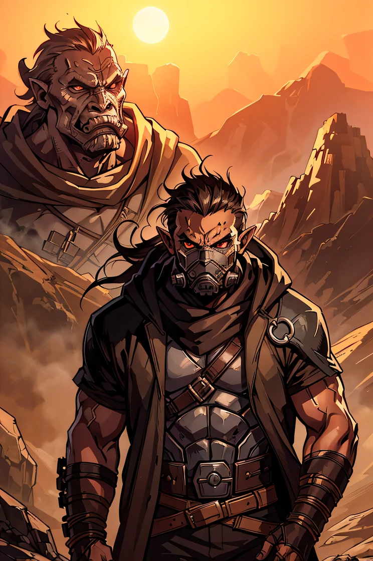 A close-up profile of an orc runner from the waist up, dressed in rugged desert attire with a heavy hood and a reinforced tech mask that hisses with each breath. The orc’s muscular frame is partially covered by tactical gear, and the cloak is worn and frayed at the edges. The background shows the silhouette of ancient, rusted machinery against a setting sun, with the desert winds kicking up sand around them.