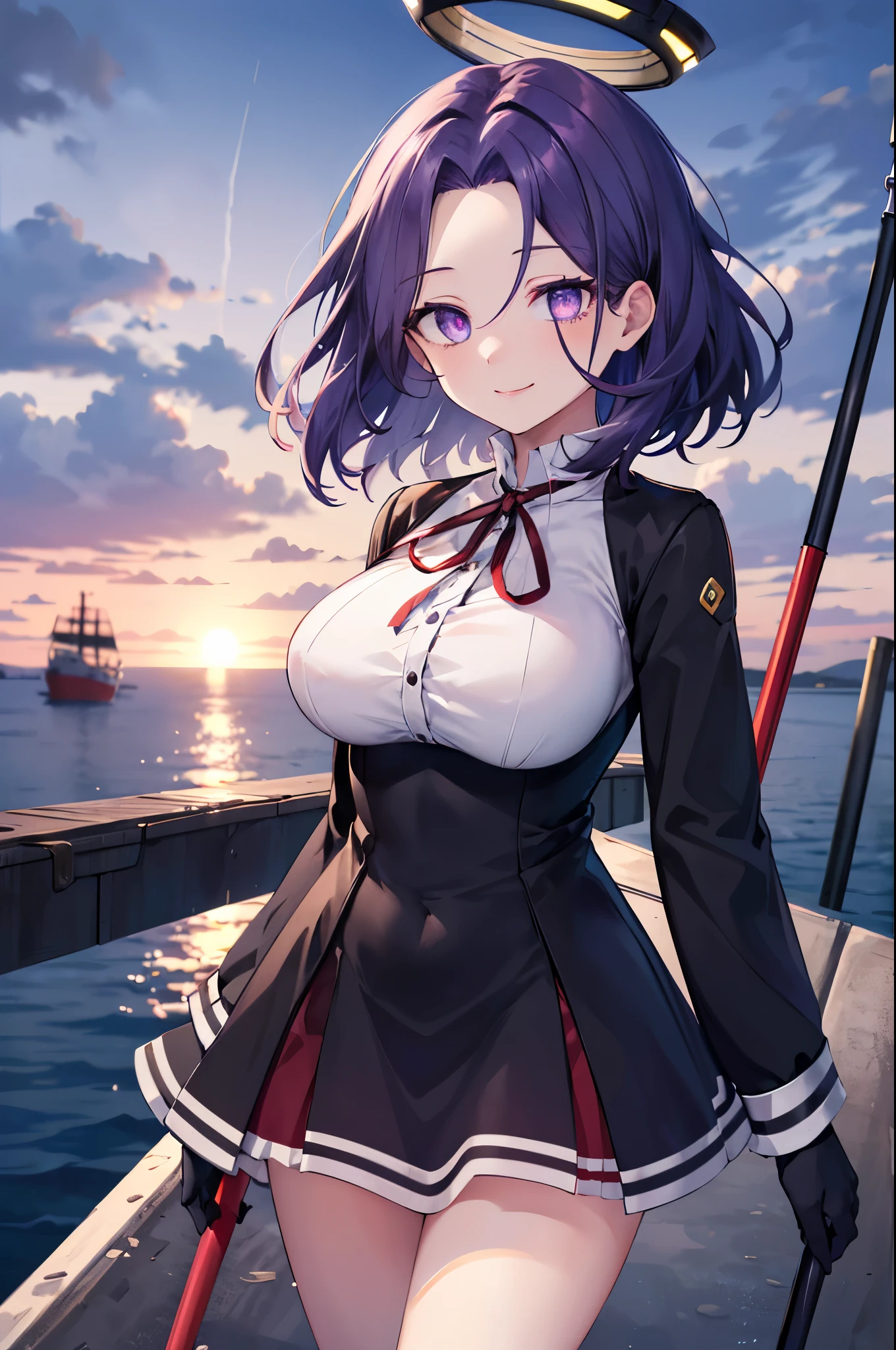 masterpiece, best quality, highres, mechanical halo, (big_breasts:1.2), black dress, neck ribbon, long sleeves, black gloves, outdoors, cowboy shot, standing, holding weapon, polearm,smile,,harbor_town_landscape,purple_halfeyes,(scornful eyes:1.4)