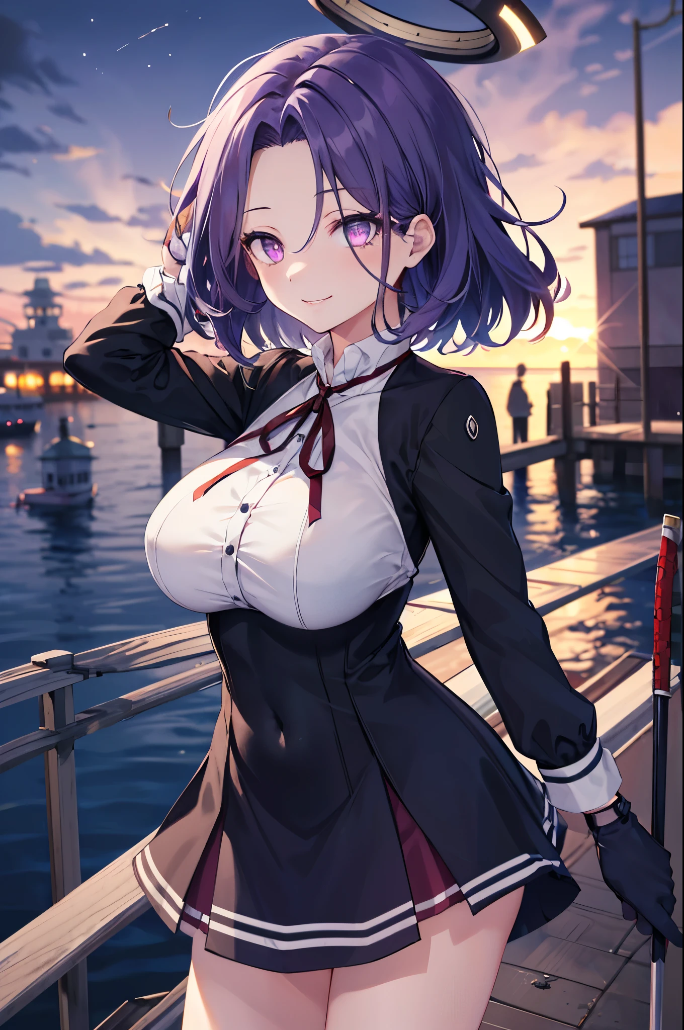 masterpiece, best quality, highres, mechanical halo, (big_breasts:1.2), black dress, neck ribbon, long sleeves, black gloves, outdoors, cowboy shot, standing, holding weapon, polearm,smile,,harbor_town_landscape,purple_halfeyes,(scornful eyes:1.4)